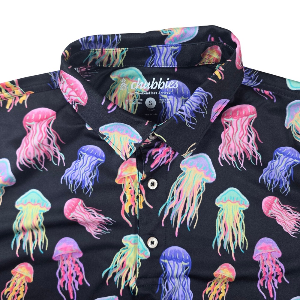 Chubbies Men's Performance Golf Polo Size Small Black Colorful Jellyfish Print